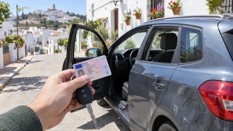 Autoschlüssel und EU-Führerschein vor einem Auto in einem andalusischen Dorf