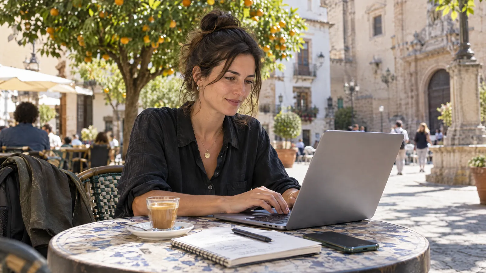 Selbstständige arbeitet am Laptop in einem Café in einer spanischen Altstadt