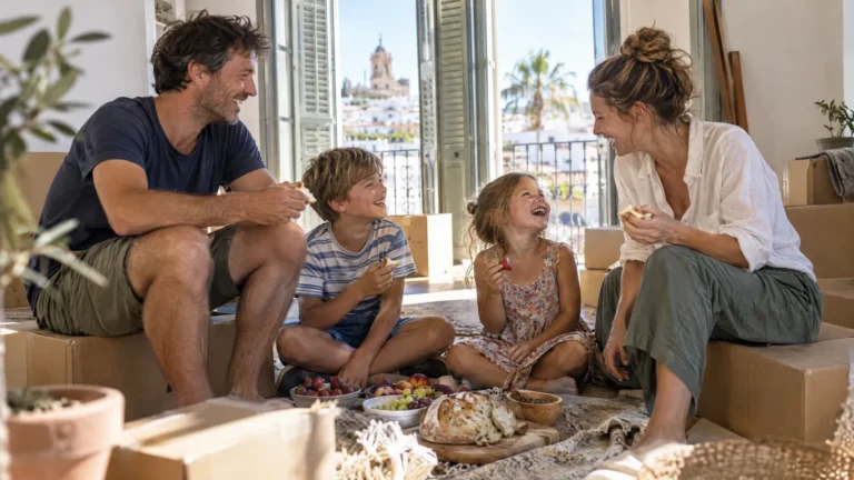 Familie macht Picknick zwischen Umzugskartons in der neuen Wohnung in Spanien