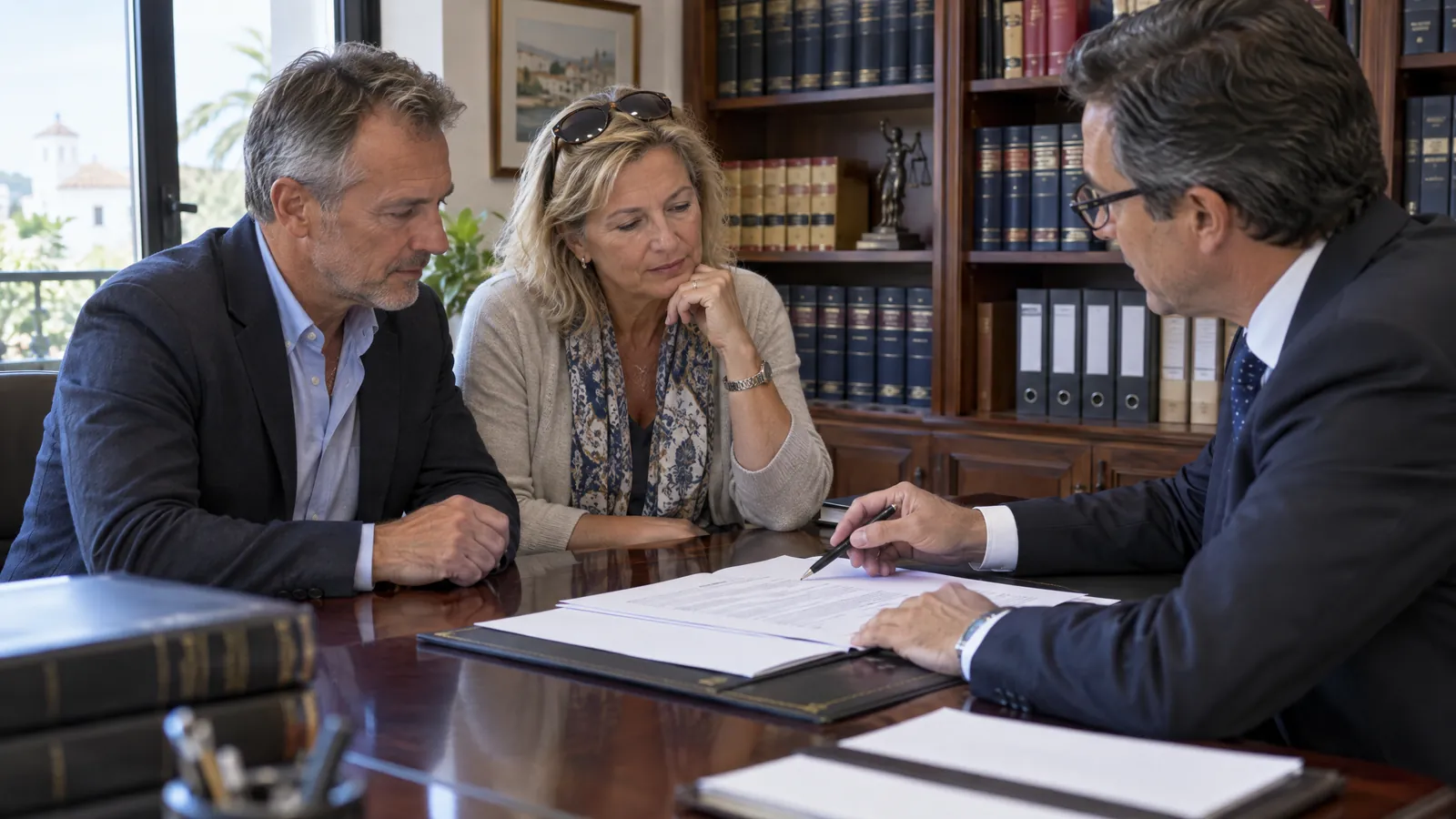 Paar unterschreibt den Kaufvertrag beim Notar in Spanien