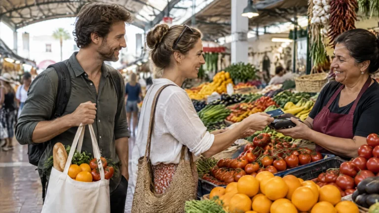 Paar kauft Obst und Gemüse auf einem Markt in Südspanien