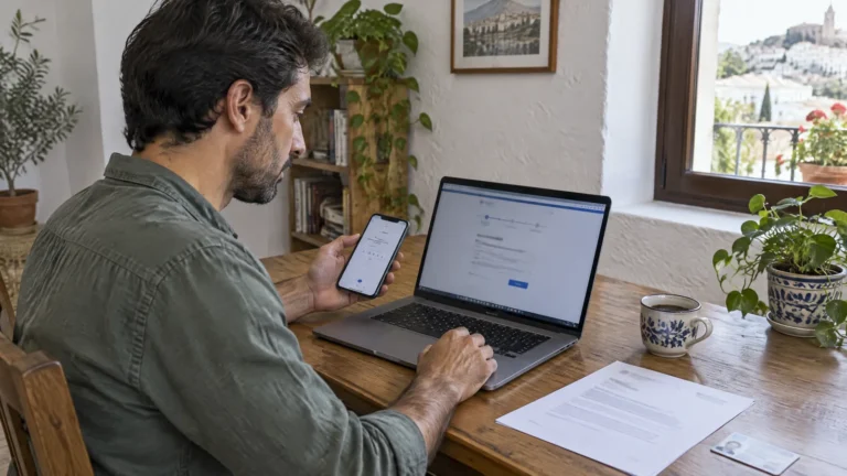 Mann erledigt einen Behördenantrag online am Laptop und bestätigt per Handy