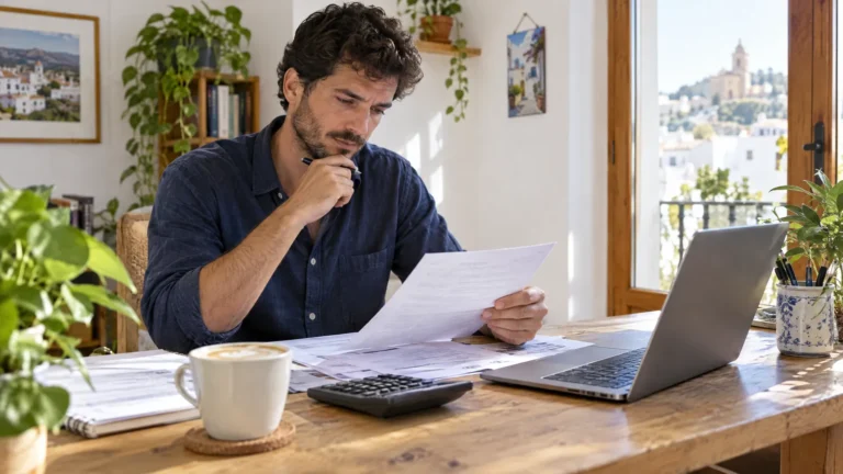 Selbstständiger prüft Rechnungen und Steuerunterlagen im Homeoffice in Spanien