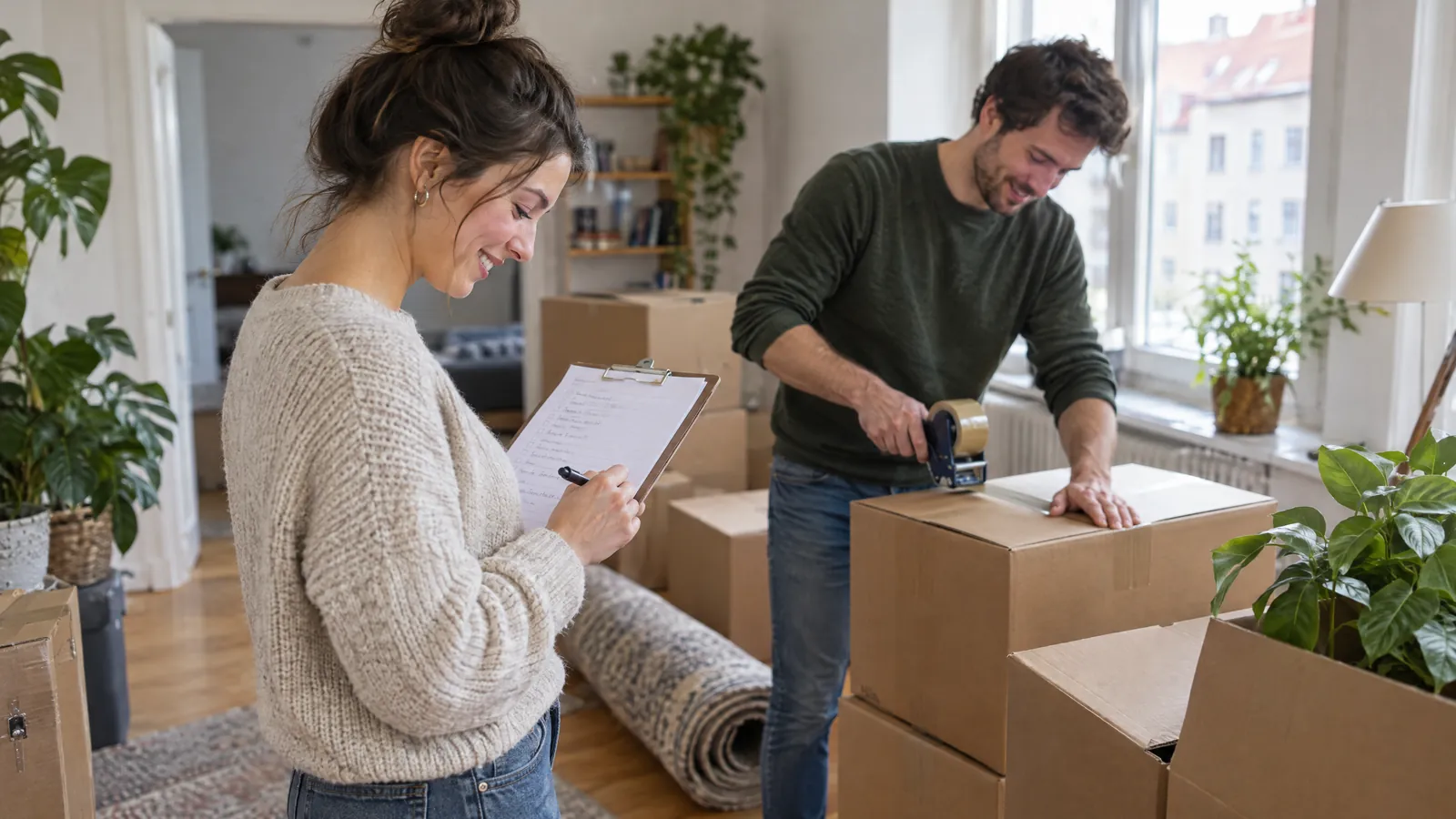Paar packt Umzugskartons und hakt die Checkliste ab
